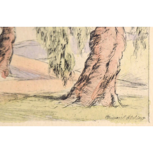 Paper Corkscrew Willows With Stairs - Hand Colored Drypoint Etching California Adobe by Orpha Klinker For Sale - Image 7 of 9