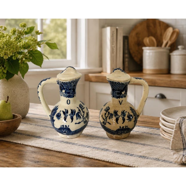 This charming antique oil and vinegar cruet set dates to the late 19th to early 20th century and features classic blue and...