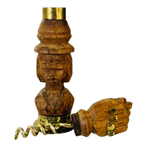Mid Century Vintage Carved Wood & Brass Figa Hand With a Man's Face Bottle Opener and Corkscrew