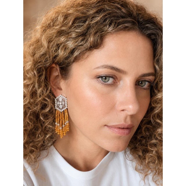 Italian 18k White Gold Yellow Sapphire & Diamond Tassel Earrings, 1980s For Sale - Image 9 of 9