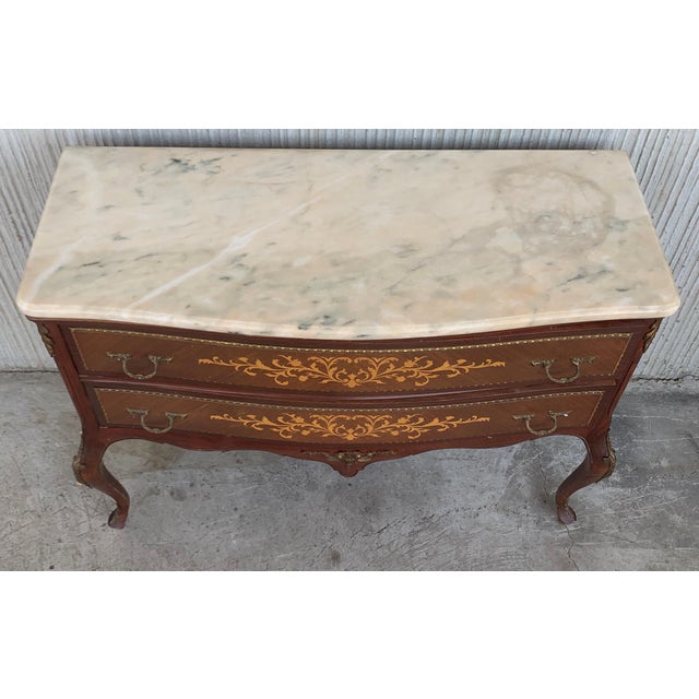 Mid 20th Century 20th Century Marquetry Chest of Drawers With Bronze Details and Cream Marble Top For Sale - Image 5 of 10