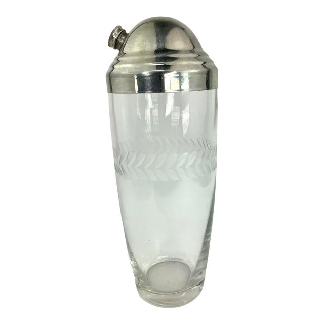 Vintage Etched Vine and Leaves Glass Cocktail Shaker For Sale