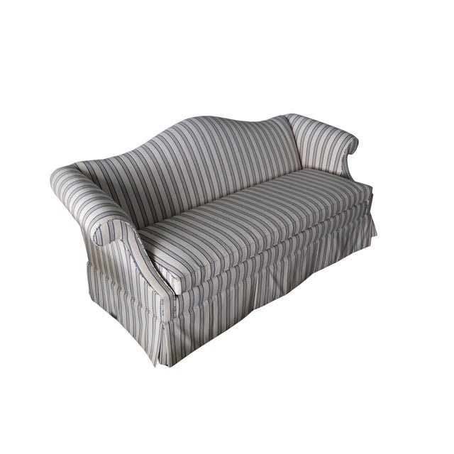 Ethan Allen Custom Camelback Sofa in Dimensional Woven Blue & Ivory Stripe For Sale - Image 12 of 18