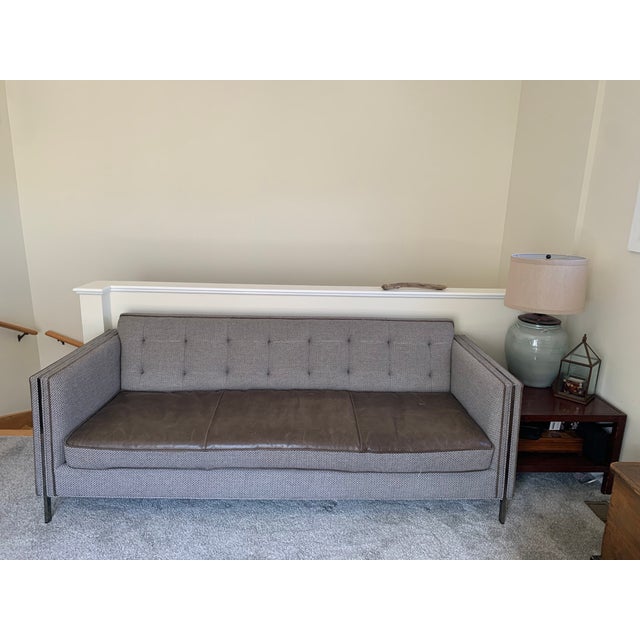 Metal Contemporary Modern Designer Gray Leather & Woven Sofa – Caracole For Sale - Image 7 of 7