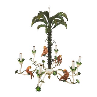 1960s Tole Palm and Ceramic Monkey Chandelier For Sale