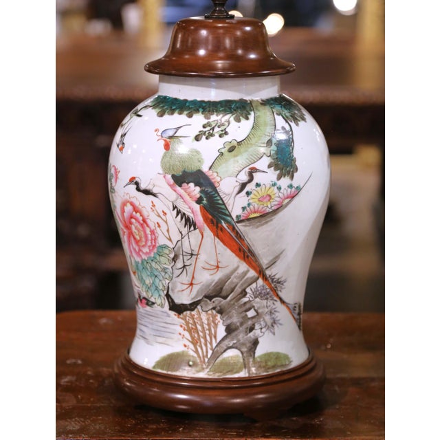 Ceramic Pair of Mid 20th Century Chinese Famille Rose Porcelain Lamps With Birds, Flowers and Calligraphy For Sale - Image 7 of 14
