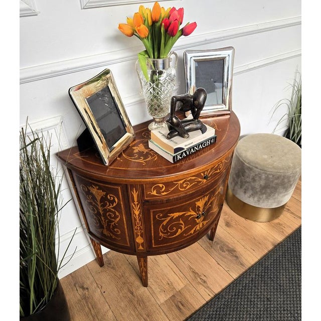 1960s Neoclassical Demi-Lune Commode in Marquetry Inlay Burl Wood, 1960s For Sale - Image 5 of 9