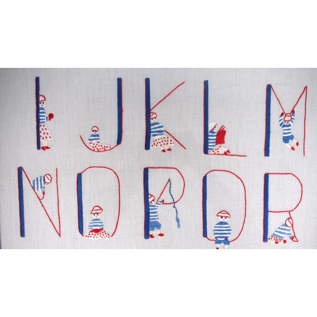 Mid 20th Century Mid 20th Century Hand-Stitched/ Embroidered Red/ White & Blue Alphabet Linen Children's Sampler For Sale - Image 5 of 5