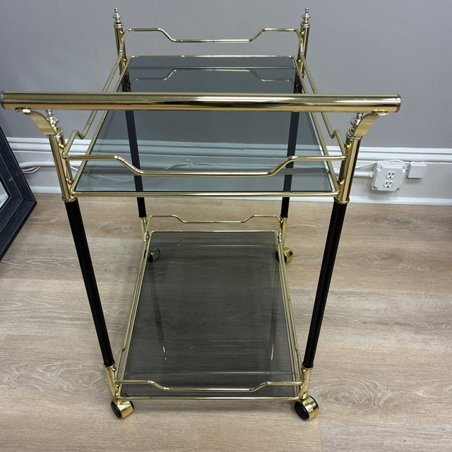 1970s Vintage Italian Steel and Brass Drink Trolley Teacart With Black Fluted Legs and Smoked Glass For Sale - Image 5 of 5
