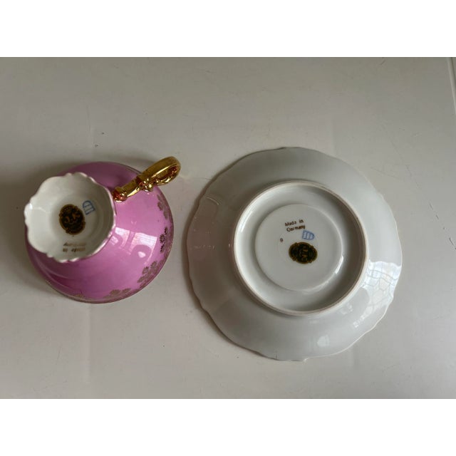 Pink Vintage Pink Love Story Tea Cup and Saucer by JKW Decor Carlsbad of Germany For Sale - Image 8 of 10