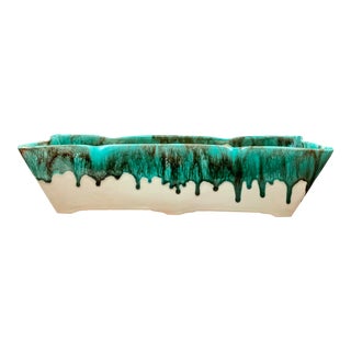 Mid-Century Ceramic Teal Drip Glaze Window Box Style Planter For Sale