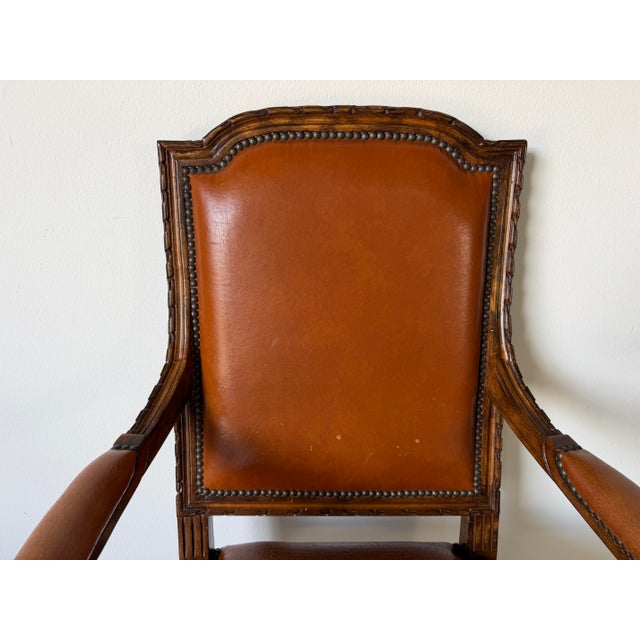 Vintage French Louis XVI Style Carved Wood & Brown Leather Armchair For Sale - Image 10 of 12