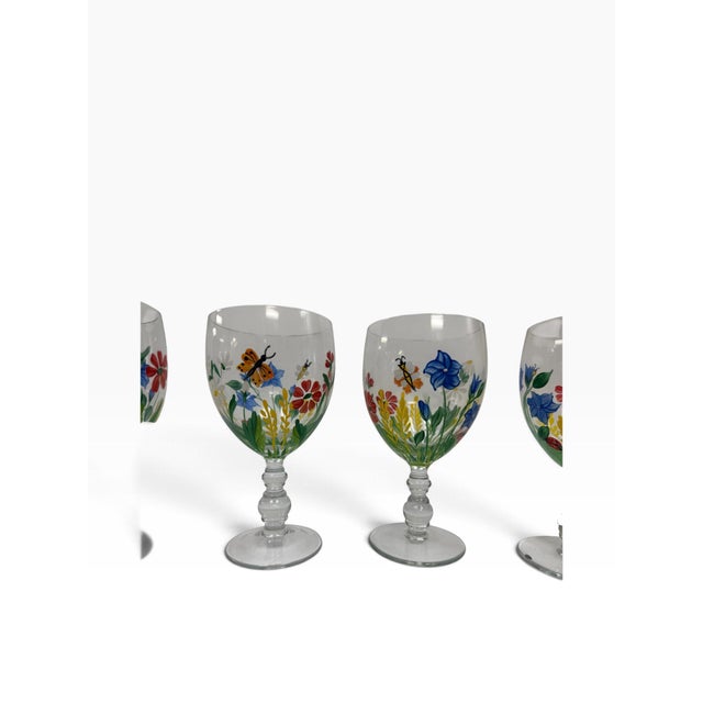 Vintage Royal Danube Romania Hand-Painted Crystal Floral Goblets – Set of 6 For Sale - Image 4 of 12