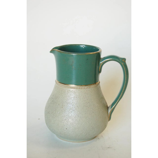 1930s Ceramic Aqua Green & Gold Push Button Pewter Lidded Pitcher Lovatts Langley Ware England Leadless Glaze. Measures 6"...
