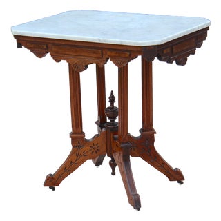 Antique American Victorian Eastlake Marble Top Parlor Table | Carved Walnut Side Table on Casters | C. 1880–1900 For Sale
