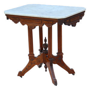 Antique American Victorian Eastlake Marble Top Parlor Table | Carved Walnut Side Table on Casters | C. 1880–1900