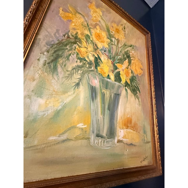 Vintage Daffodil Oil Painting on Grumbacher Ny Canvas, Original Mid Century Floral in Gold Frame, Impressionist Flower Art. Signed Mahaffey For Sale - Image 4 of 15