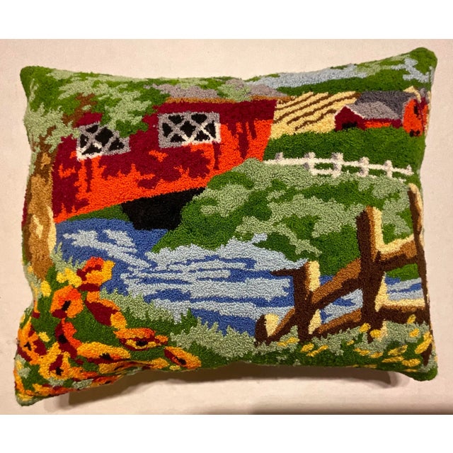 Green American Hand Embroidery Mid-Century Pillow For Sale - Image 8 of 9