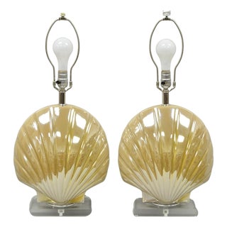 Late 20th Century Mid Century Modern Iridescent Gold Ceramic Pottery Clam Shell Table Lamp - Pair For Sale