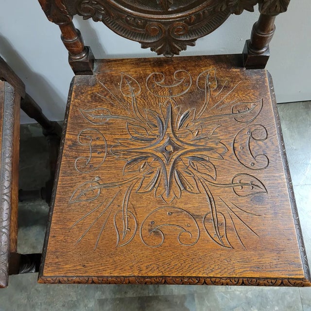 19th C English Jacobean English Carved Oak Hall Chairs - a Pair For Sale - Image 9 of 11