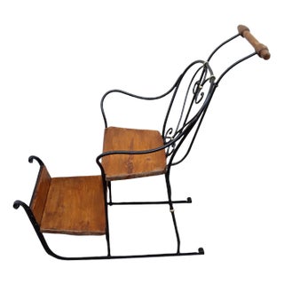 German Child's Carriage Seat with Wrought Iron Frame, Spruce Wood Handle and Spruce Wood Panels, 1900s For Sale