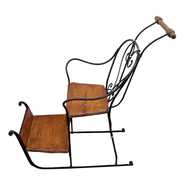 German Child's Carriage Seat with Wrought Iron Frame, Spruce Wood Handle and Spruce Wood Panels, 1900s For Sale