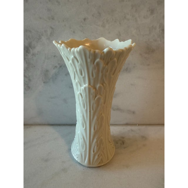 Vintage Lenox vase from the Woodlands collection, made in the USA from ivory porcelain with a textured leaf and branch...