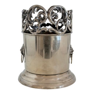 Silver on Brass Wine Bottle Holder or Coaster With Lions Head Ring Handles For Sale
