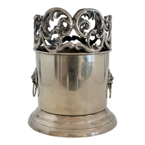 Silver on Brass Wine Bottle Holder or Coaster With Lions Head Ring Handles
