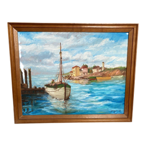 Mid-Century Sailboat Oil Painting - European Harbor Scene - Signed - Dated 1968 - Framed