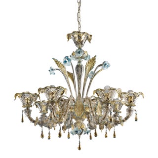 Contemporary Venetian Transparent-Gold Murano Glass Chandelier With Leaves and Turquoise Flowers For Sale