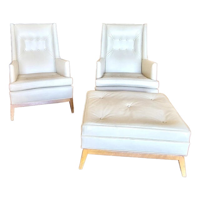 1960s Vintage Mid-Century Modern Th Robsjohn-Gibbings White Leather Chairs With Ottoman - 3 Pieces For Sale