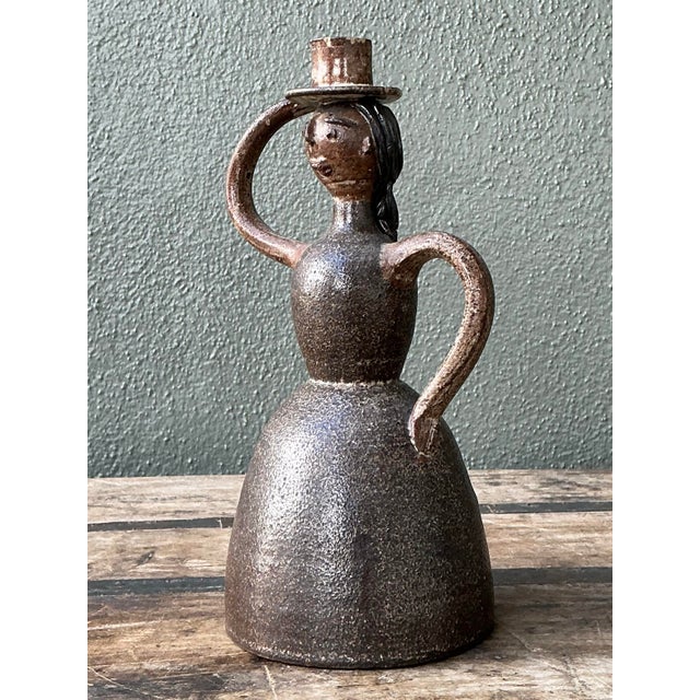 Vintage Glazed Terracotta Figure Candlestick For Sale - Image 12 of 12