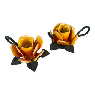 1960s Tole Rose Candle Holders - a Pair For Sale