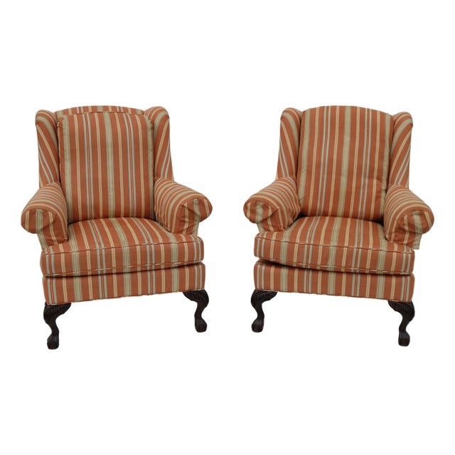 Jessica Charles Queen Anne Style Striped Wingback Chairs-a Pair For Sale