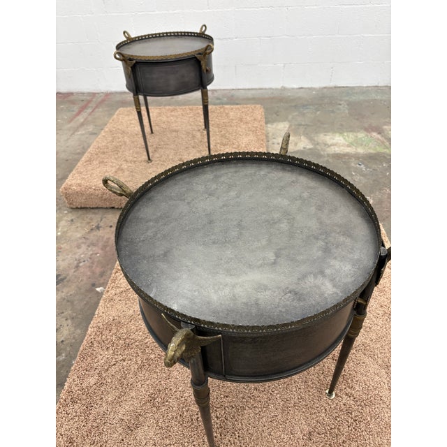 Traditional 1970s Pair of Trouvailles Metal and Brass Side Tables With Swan Necks and Doors, French Empire For Sale - Image 3 of 11