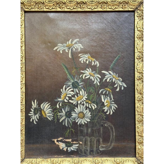 White Late 20th Century Original Antique Oil Painting, Moody Florals, Framed For Sale - Image 8 of 12