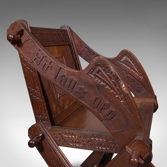 Wood Antique Inscribed Glastonbury Chair, English, Oak, Gothic Armchair, Victorian For Sale - Image 7 of 12