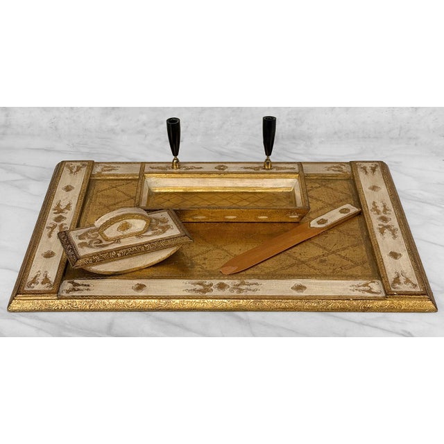 Vintage Italian Rococo Gold Gilt Library Pen Holder Desk Set For Sale - Image 4 of 10