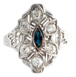 1930s Platinum Deco Styled Old Mine Cut Diamonds and Marquise Sapphire Filigree Ring, Size 6.5
