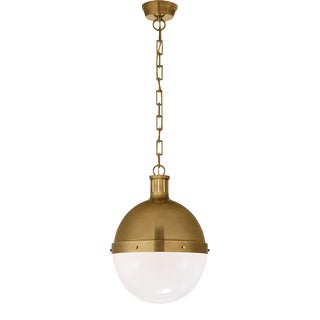 Thomas O'Brien for Visual Comfort Signature Hicks Large Pendant in Hand-Rubbed Antique Brass with White Glass For Sale