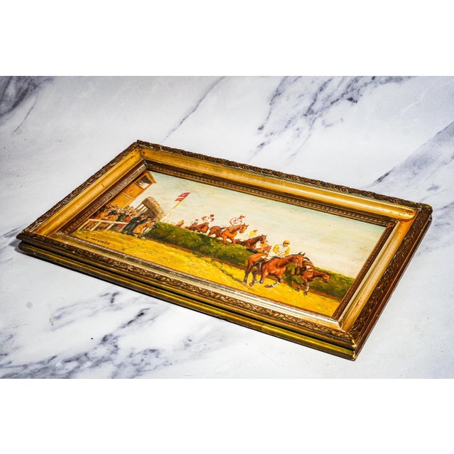Stately English Antique Gold Framed Horse Racing Oil Painting Equestrian Art Country Home Wall Decor For Sale - Image 14 of 15