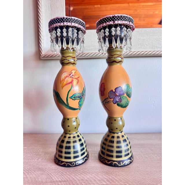 1990s Tracy Porter Hand Painted Stonehouse Farm Goods Candle Sticks For Sale - Image 5 of 12