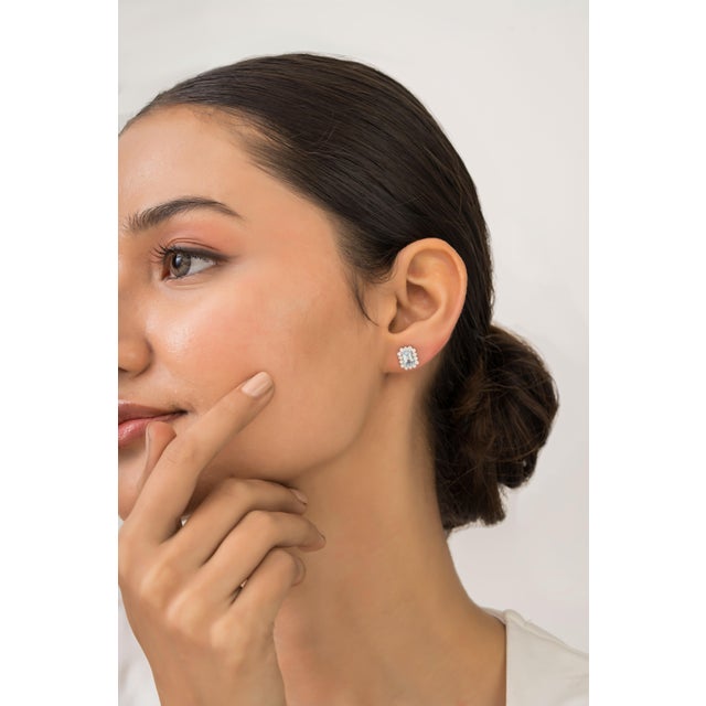 Sky Blue 1.14ct Emerald Cut Aquamarine & Diamond Halo Stud Earrings in 14k White Gold- A Pair For Sale - Image 8 of 15