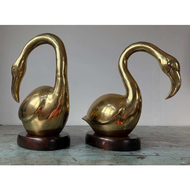 Brass Flamingo Mod Vintage Pair on Wooden Base For Sale - Image 4 of 10