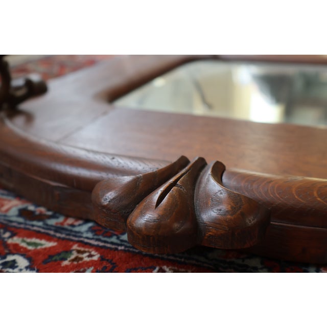Antique Quarter-Sawn Oak Hall Mirror With Brass Hooks, C. 1900 For Sale - Image 4 of 18