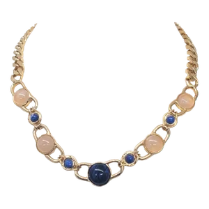 Vintage Signed Bijoux Cascio Italy Cabochon Faux-Lapis & Pink Moonstone Necklace