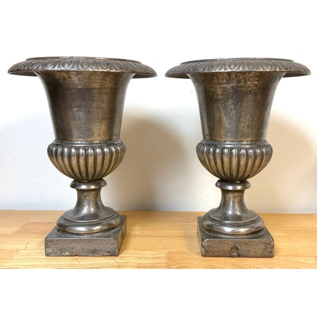 Pair of English Regency Silvered Cast Iron Egg-and-Dart Urns, Early 19th Century For Sale - Image 9 of 12