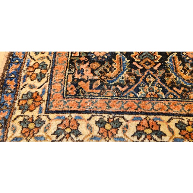 Vintage Persian Malayer Area Rug, Hand-Knotted Wool, Geometric Pattern, 4x4, Navy & Ivory For Sale - Image 11 of 14