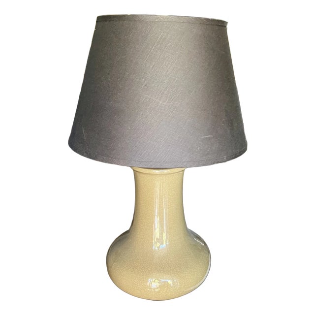 Late 20th Century Olive Crackled Glaze Pottery Lamp With Restoration Hardware Linen Shade For Sale